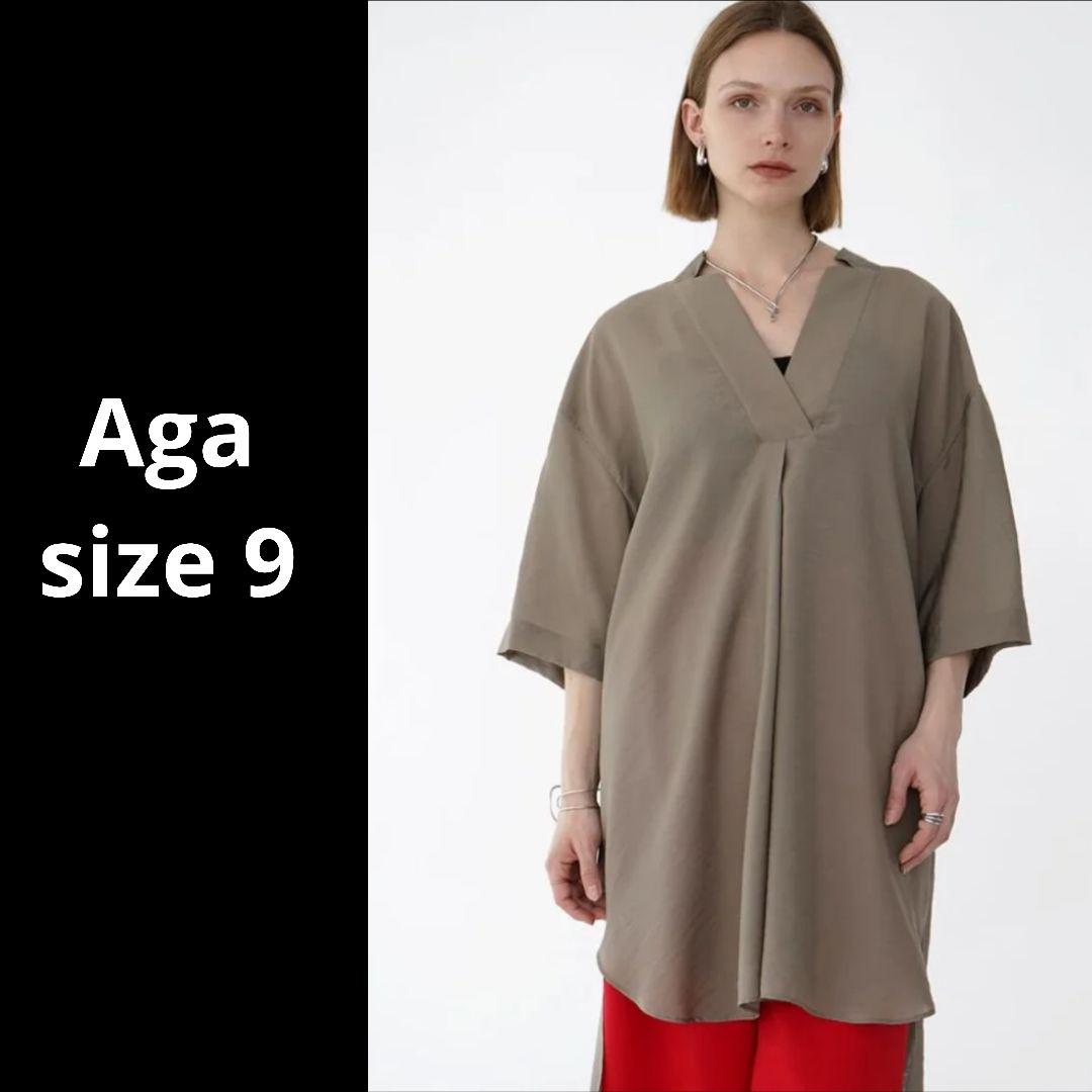 Aga アーガ ネックデザインロングシャツブラウス前後