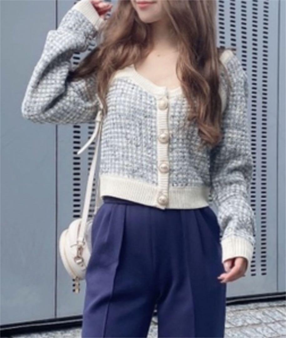 eimy istoire ニットツイードハートネックカーディガン IVORY