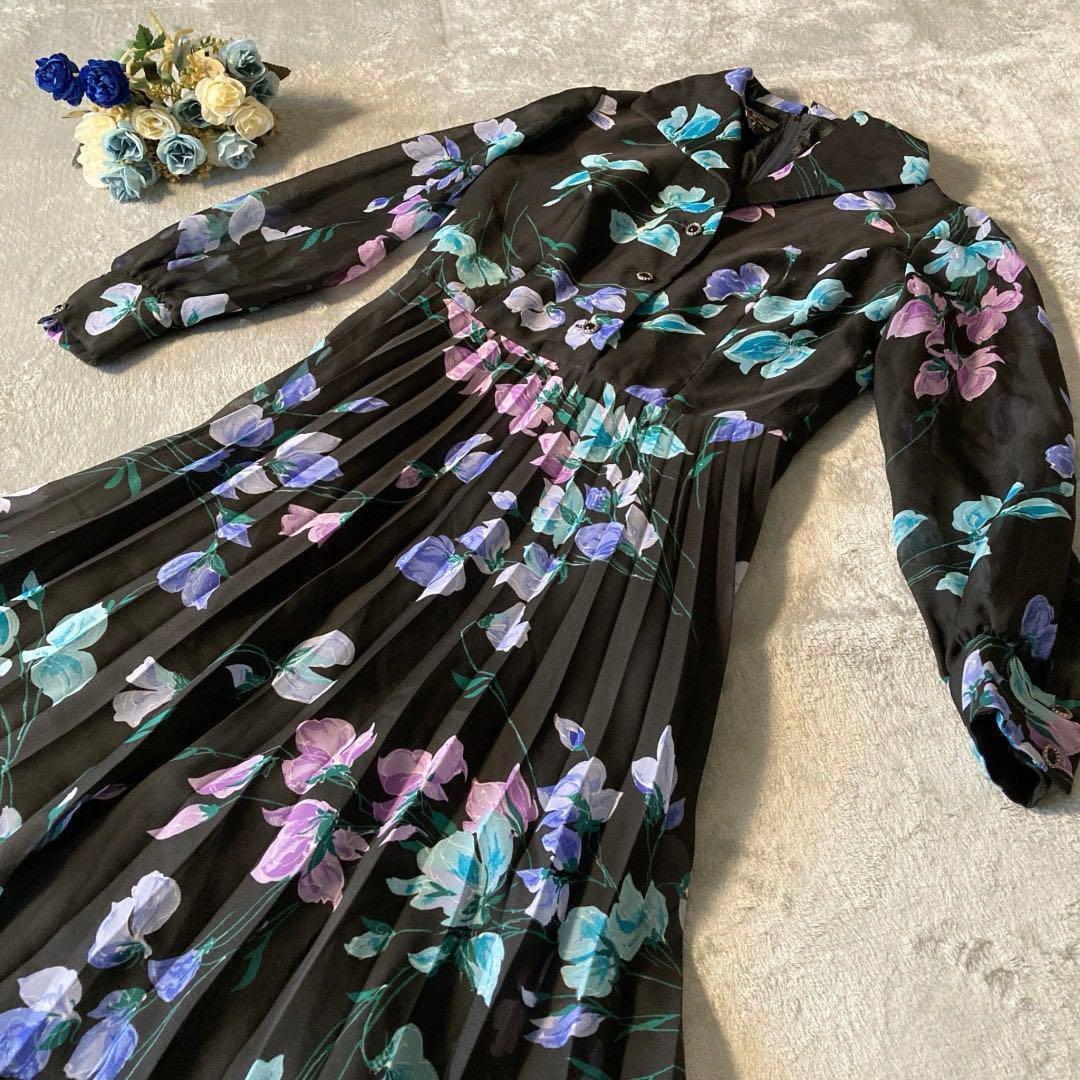 ヴィンテージ　ワンピース お花柄 プリーツ 可愛い レトロ ブラック パープル