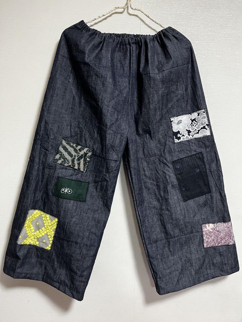 ハンドメイド　デニム　ワイドパンツ　パッチ　ワッペン　ミナペルホネン