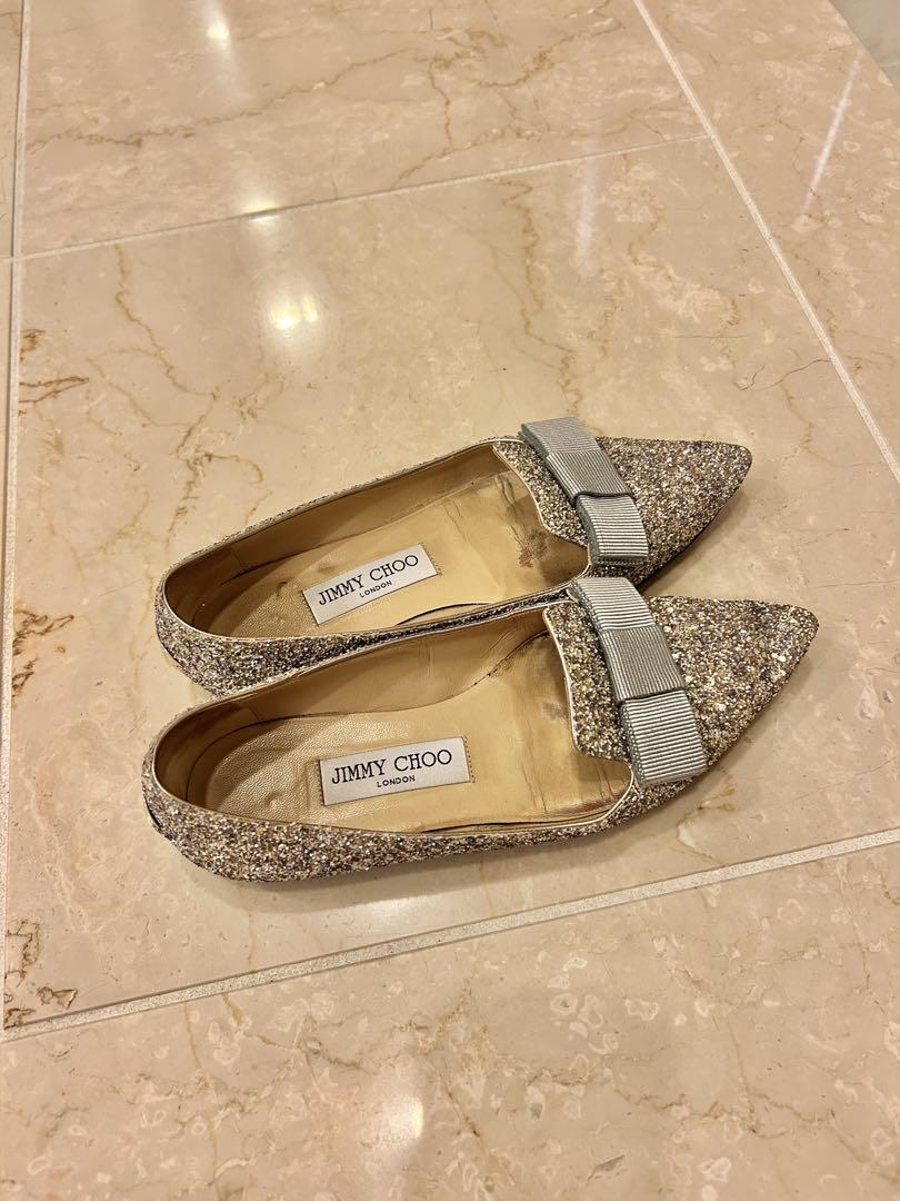 JIMMY CHOO グリッターシルバー フラットシューズ
