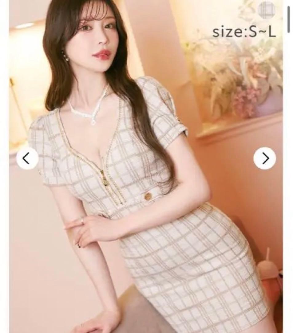 dazzy チェック柄パフスリーブゴールドボタンジップタイトミニドレス