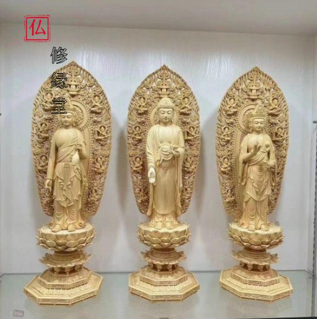 【修縁堂】 精密彫刻 招財開運 西方三聖 釈迦牟尼 職人手作り 仏教工芸品
