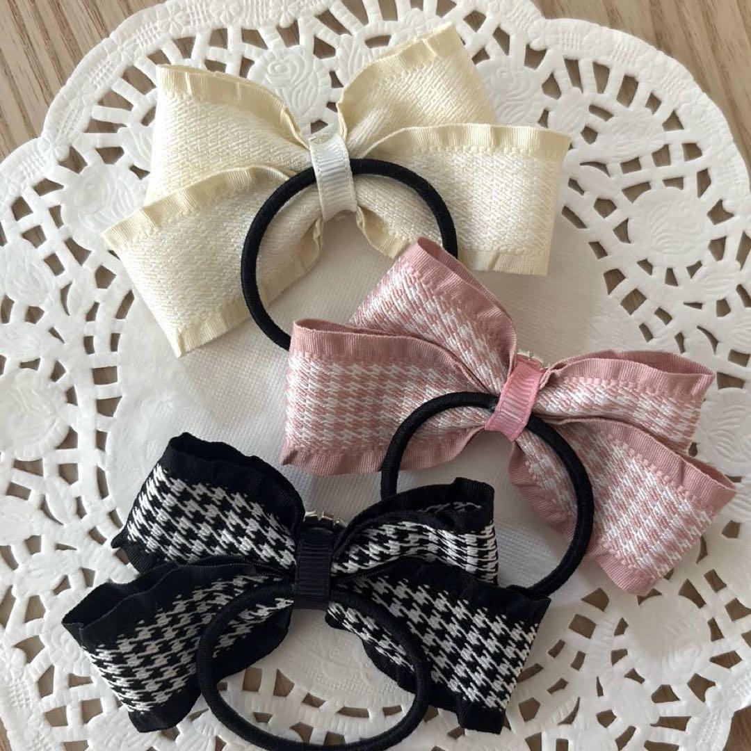 1個400円】ハンドメイド ヘアゴム 千鳥格子フリルリボン 808