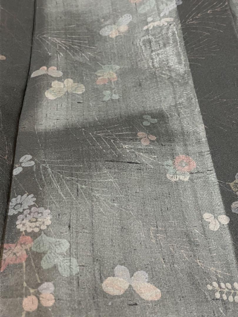 夏着物 紗紬 小紋 正絹 花文 蝶 美品 イ5477
