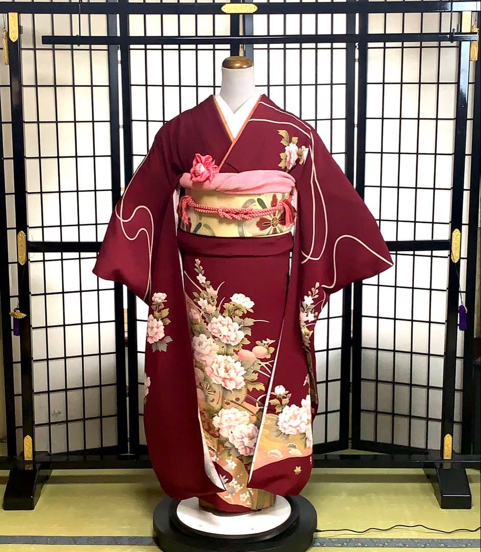 振袖 6点セット 牡丹柄 友禅 身丈164cm 金糸刺繍 あずき色系目立った傷や汚れなし