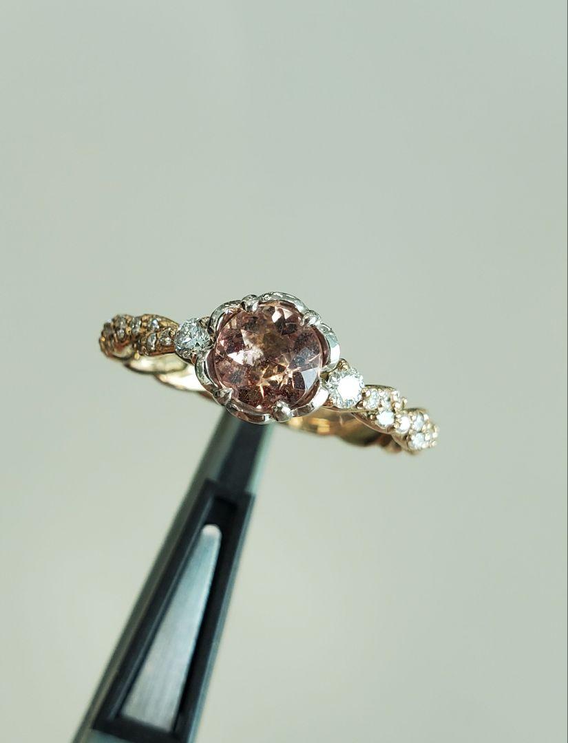 希少K18・pt900ピンクインペリアルトパーズとダイヤのお花カップリング10号