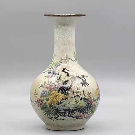 手描き鶴花瓶 陶器製