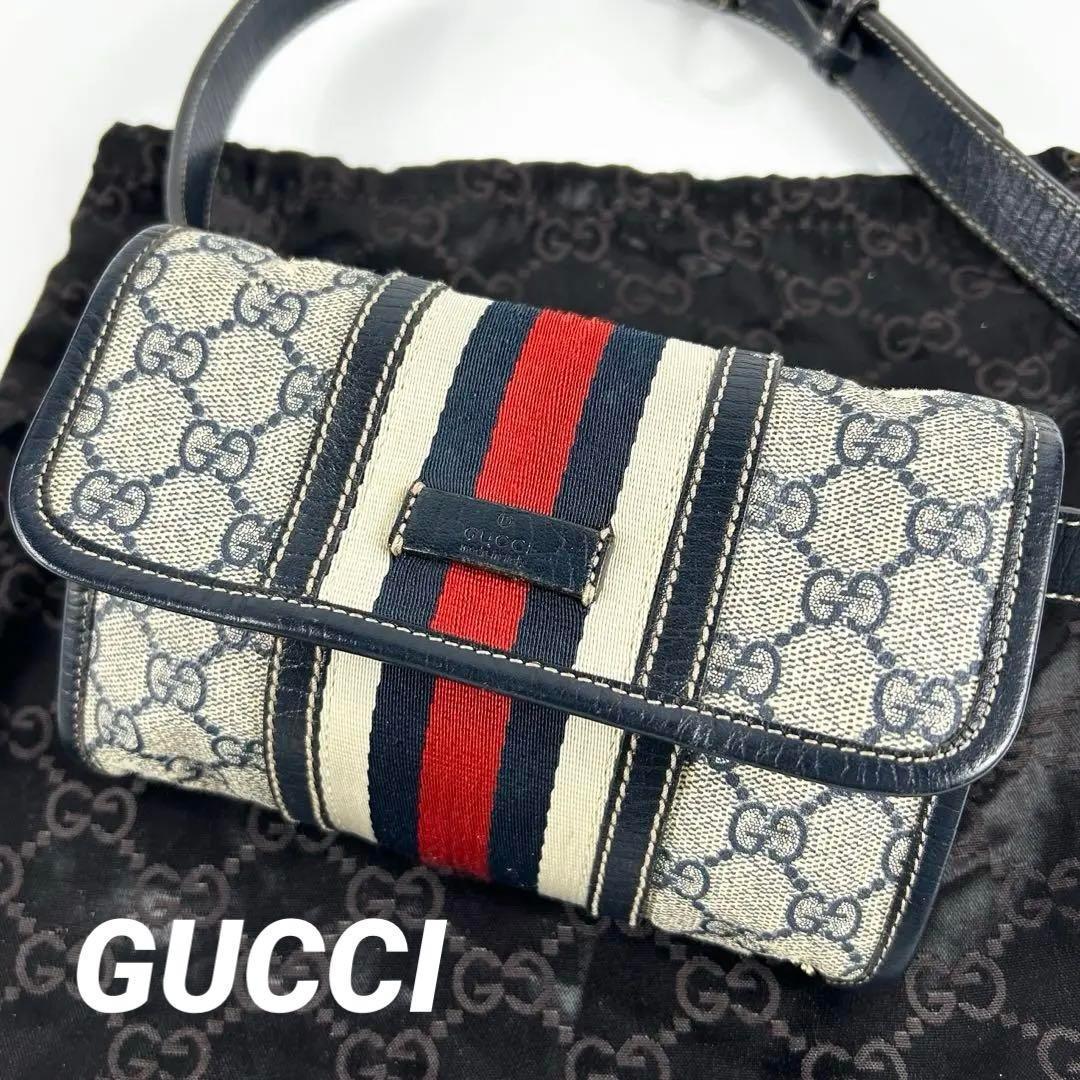 【良品】GUCCI シェリーライン ネイビー ボディバッグ バッグ ビンテージ