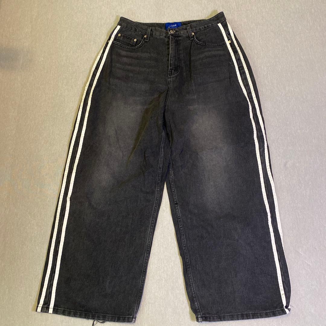 LANE ブラックデニムパンツ サイズ3 ワイドデニム　サイドライン