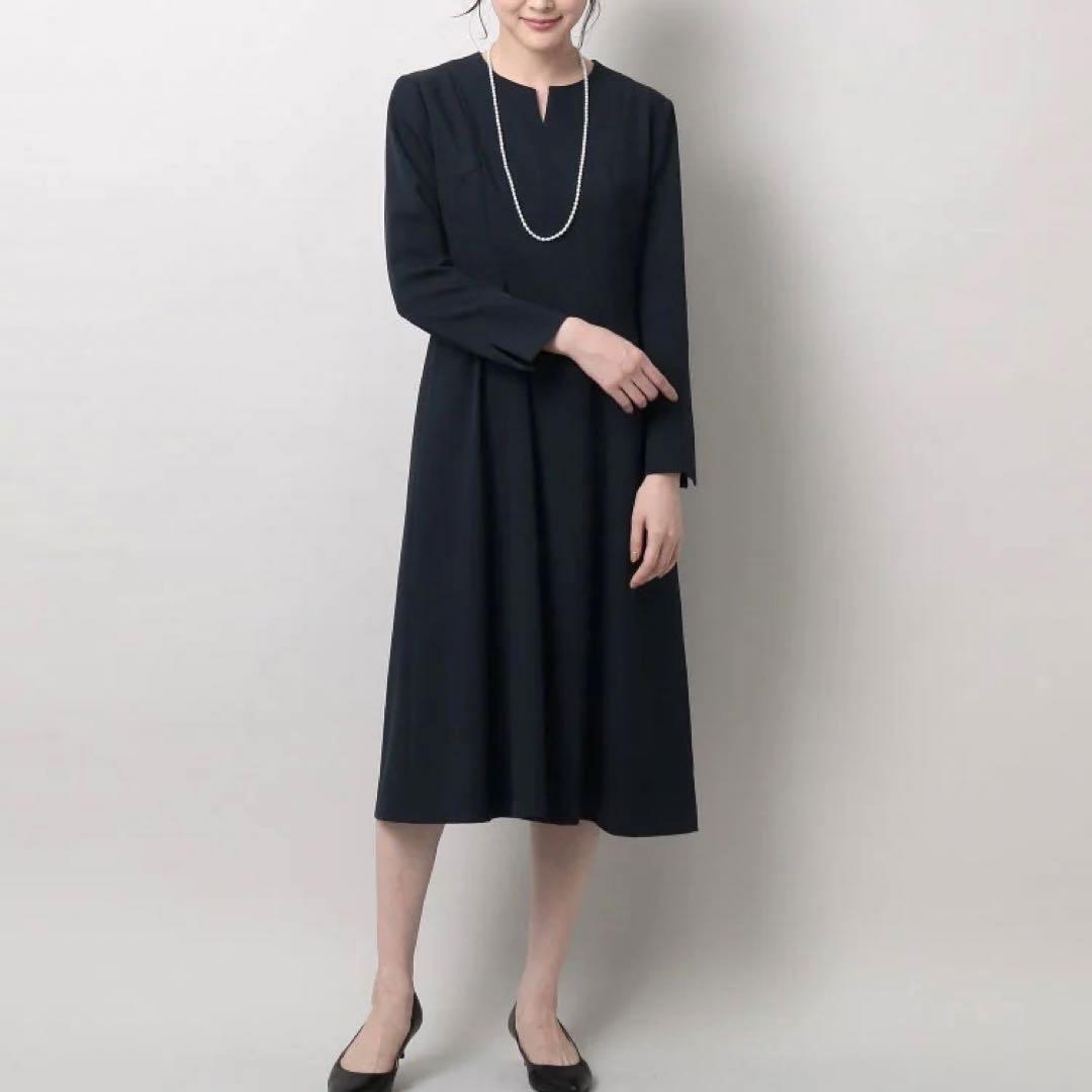 極美品 アンタイトル 洗えるスリットネック フレア  ロングワンピース ネイビー