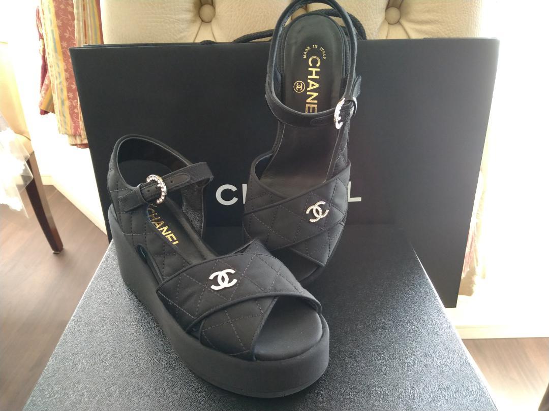 【ラインストーンが上品】CHANEL サンダル 国内発送 CHANEL - シャネル グログラン ラインストーン 厚底 サンダル 靴