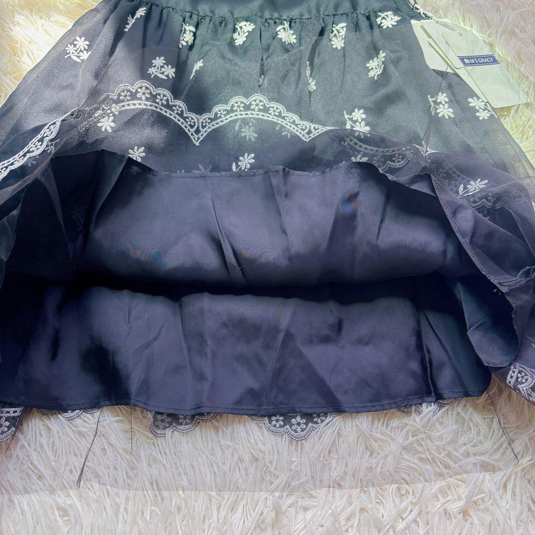 新品タグ付き✨エムズグレイシー シフォンフレアワンピース 花柄 レース 黒 M