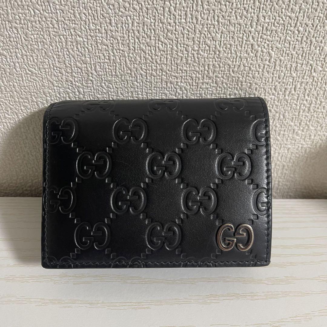 GUCCI 二つ折り財布 GGシマ レザー  メンズ　ブラック