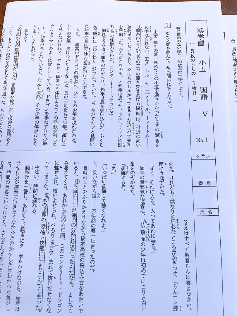 浜学園　小5 2023年度　3科目　解答用紙付き　Vクラス　復習テスト 国算理t