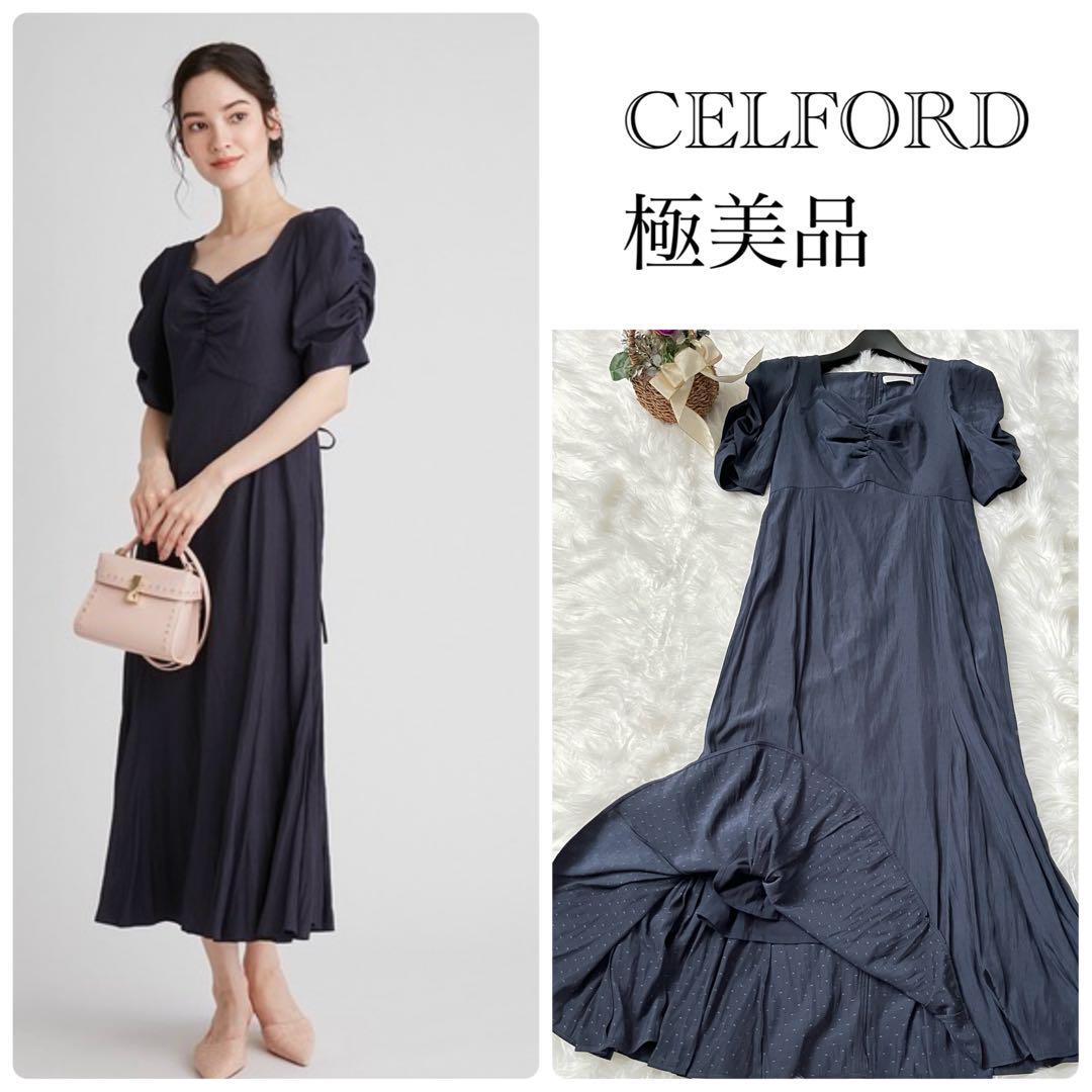 極美品✨CELFORD　セルフォード　割繊ドットワンピース 　ネイビー