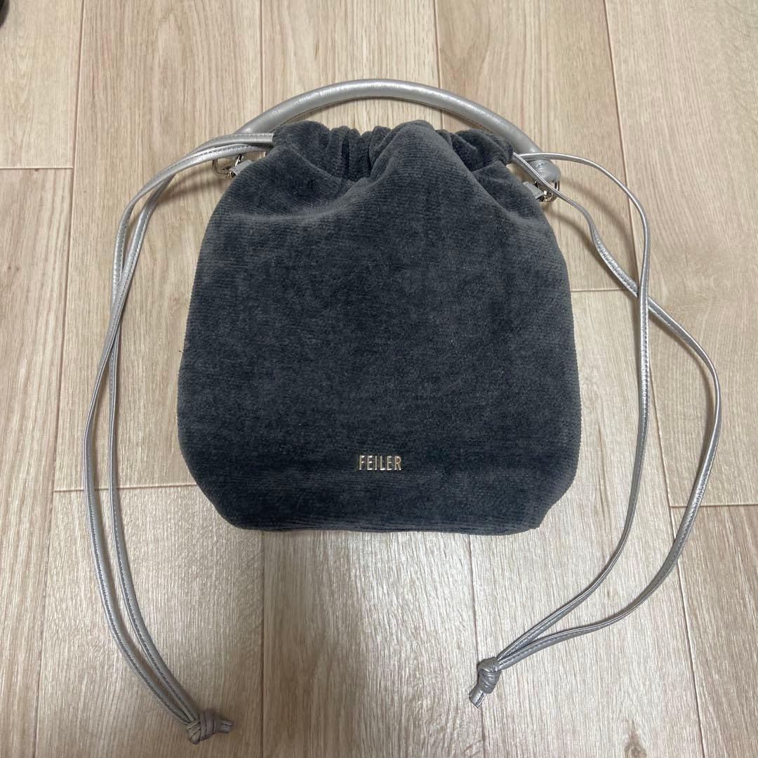 FEILER グレー コーデュロイ 巾着バッグ