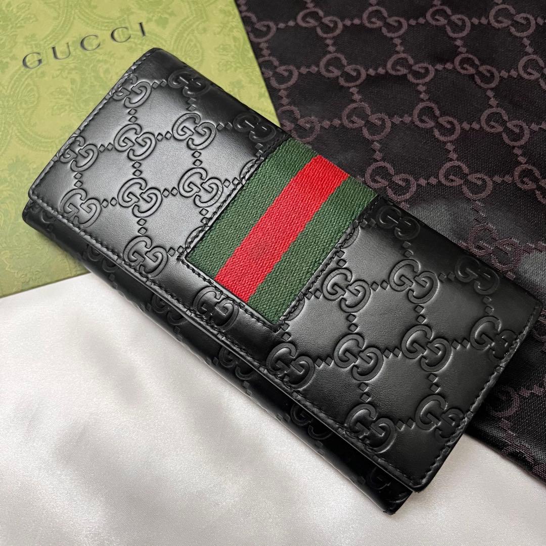 ✨美品✨グッチ シェリー×シマレザー長財布 フラップ型 ブラック 408830