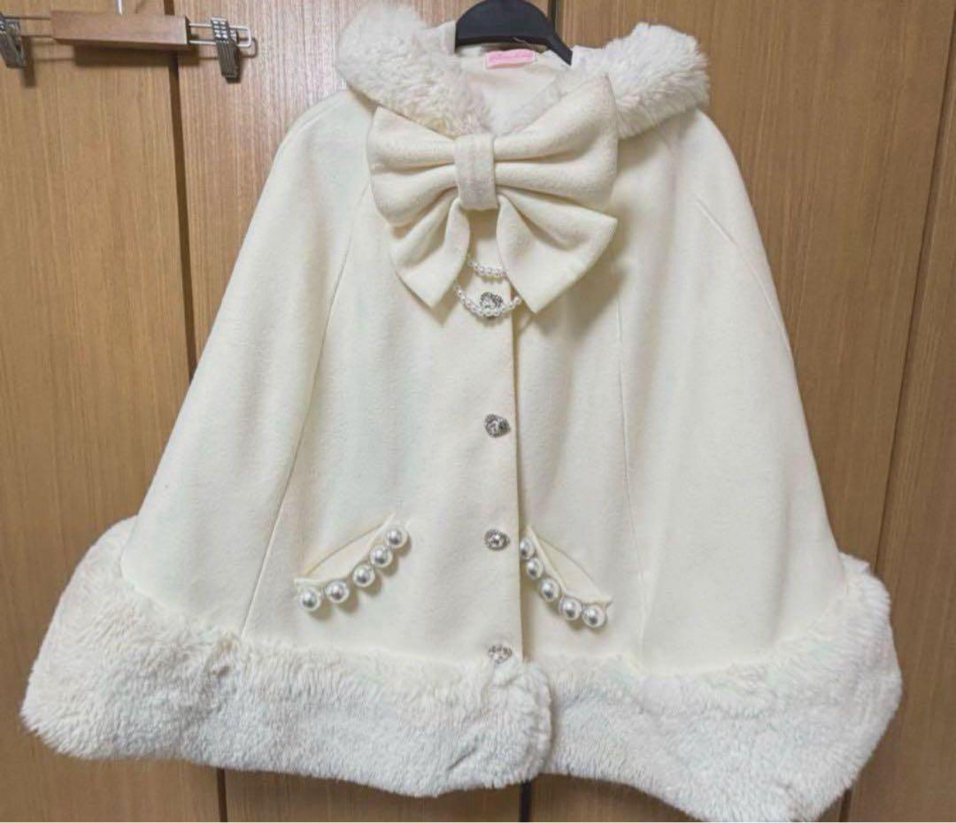 MARS リボン付きボリュームファーフードケープコート ポンチョ ホワイト