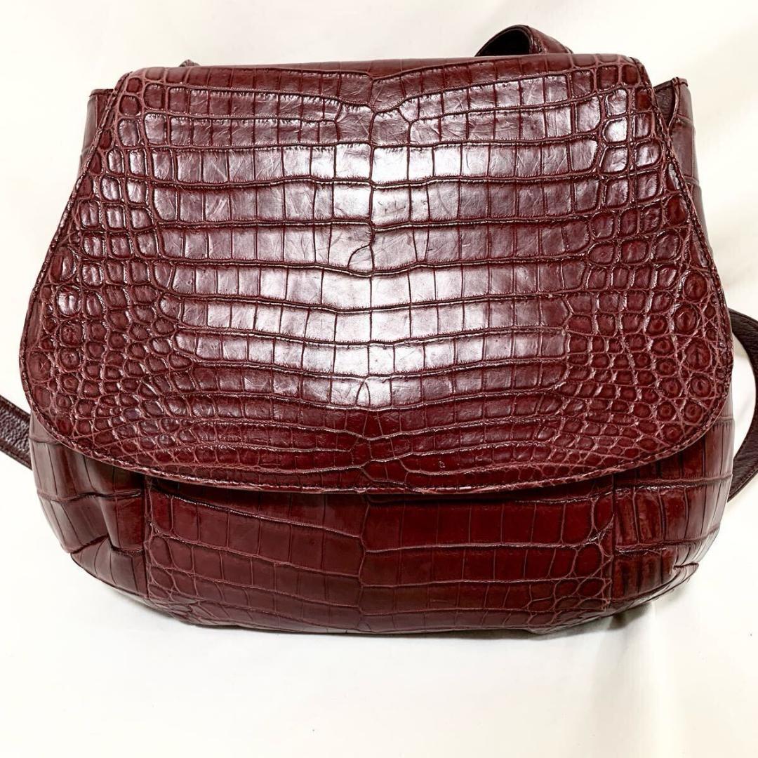 極美品✨ マットクロコダイル　ポロサス　ショルダーバッグ　フラップ　ボルドー
