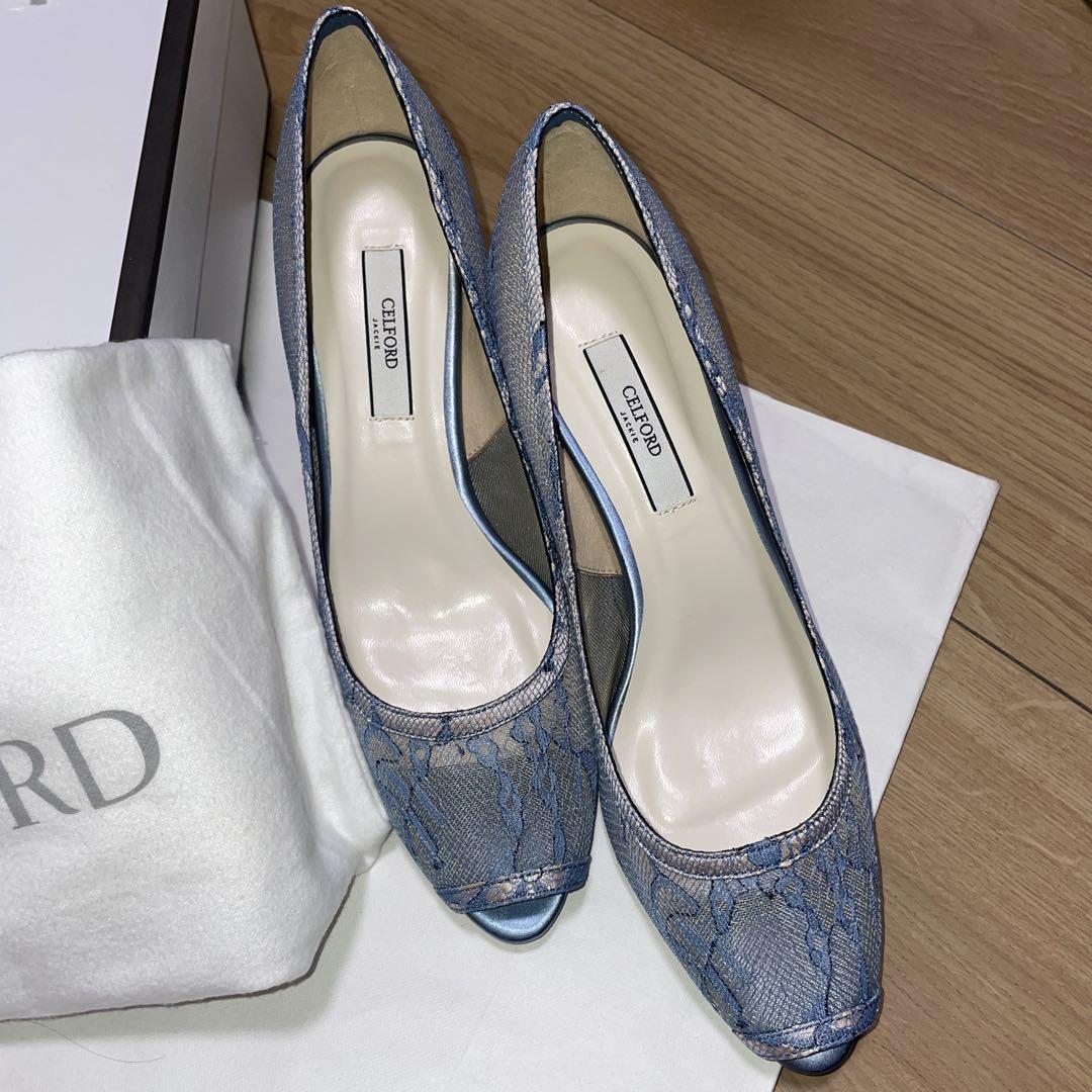 【新品未使用】CELFORD ビジュー付きオープントゥパンプス　23.５センチ