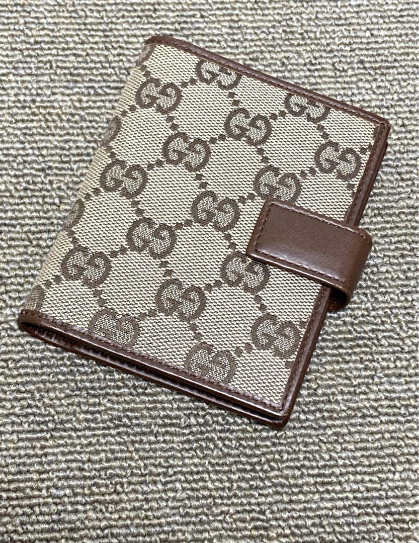 希少　美品　グッチ　GGモノグラム　キャンバス　レザー　茶色　ミニ手帳カバー