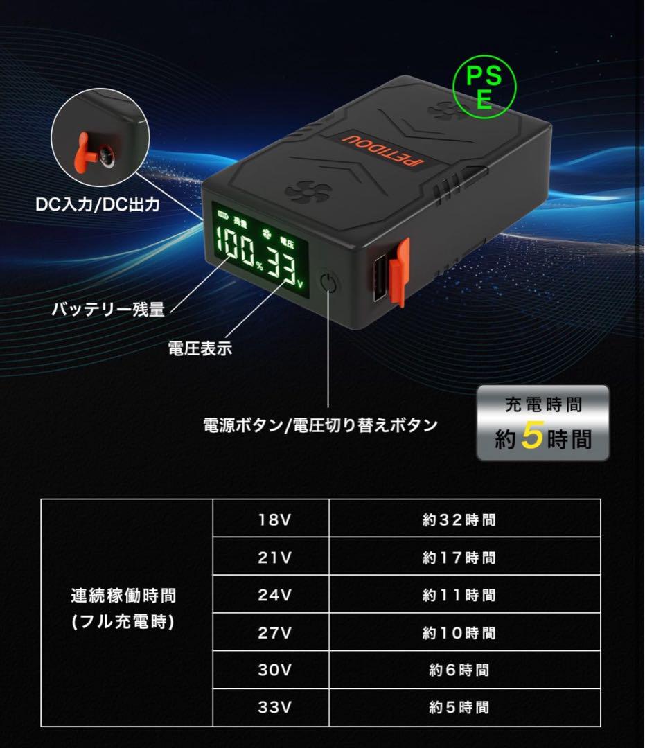 空調作業服 ファンバッテリーセット 33V超高出力　30000mAh 大容量