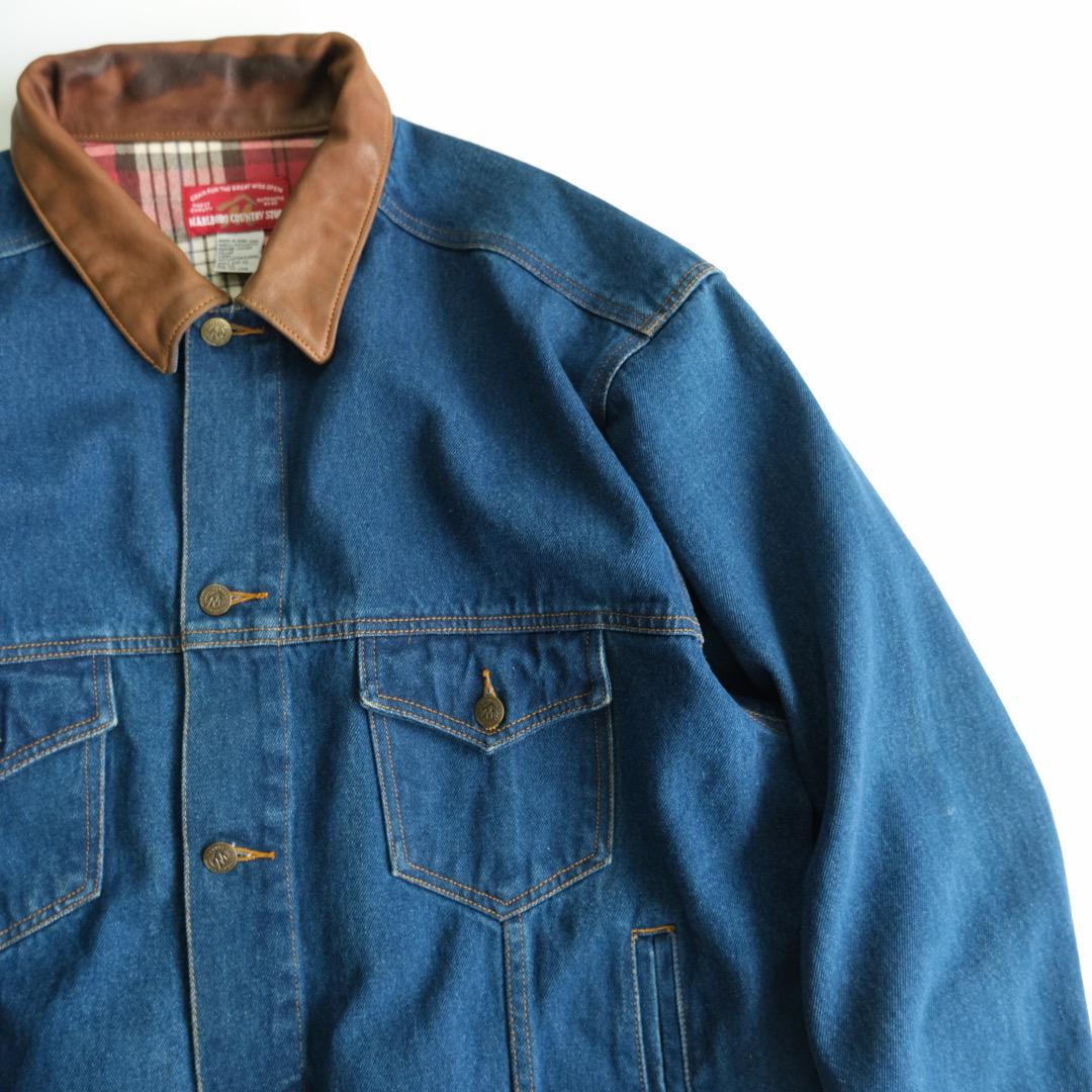 マルボロ 90s 襟レザー切替デニムジャケット 青茶 XL ゆるだぼ