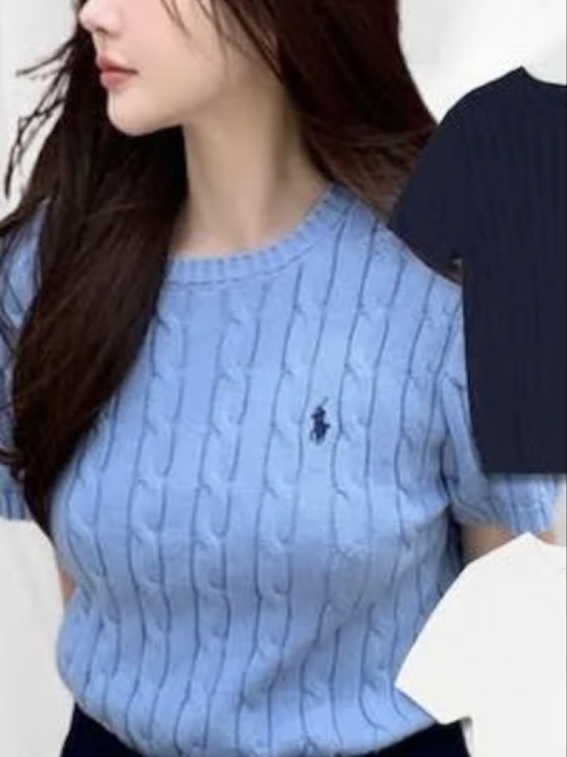 Polo Ralph Lauren 水色 ケーブルニット 半袖セーター