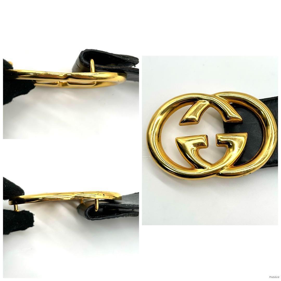 オールドグッチ　GUCCI　レザーベルト　インターロッキング　ゴールド金具　黒