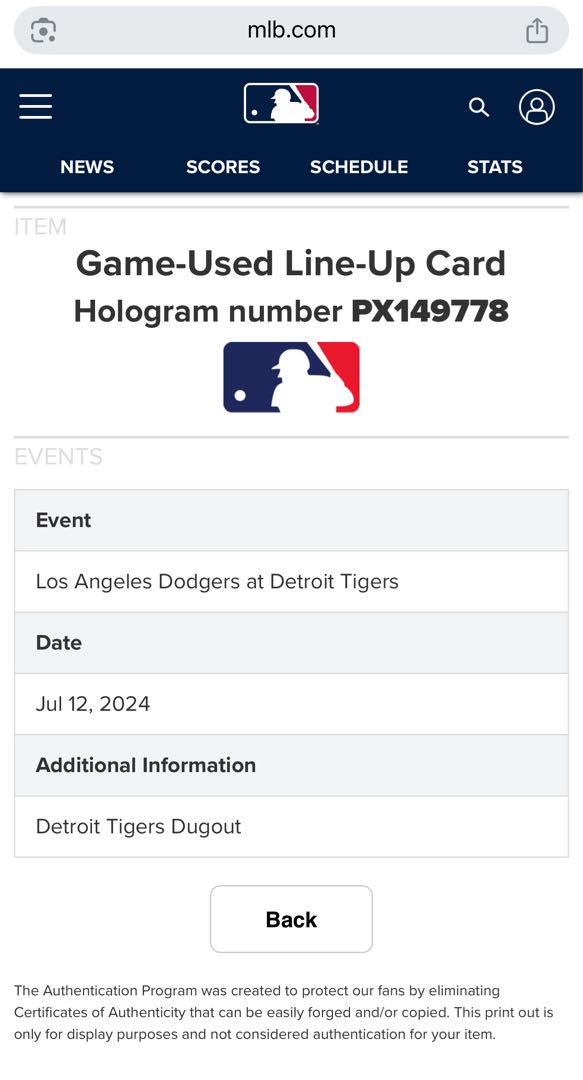 ドジャース　実使用ラインナップカード　大谷翔平　タイガース 2024 50/50
