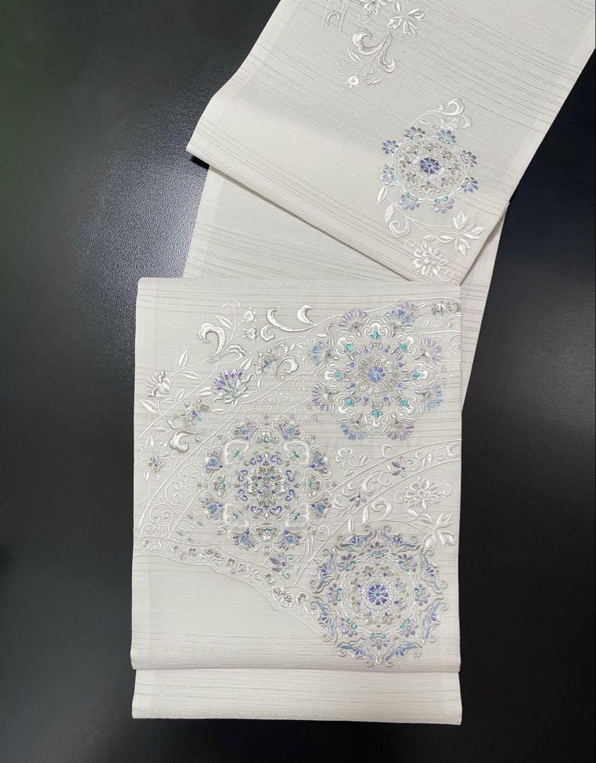お仕立て付き【刺繍袋帯◆華文】単衣・夏着物に ホワイト 白 銀 シルバー