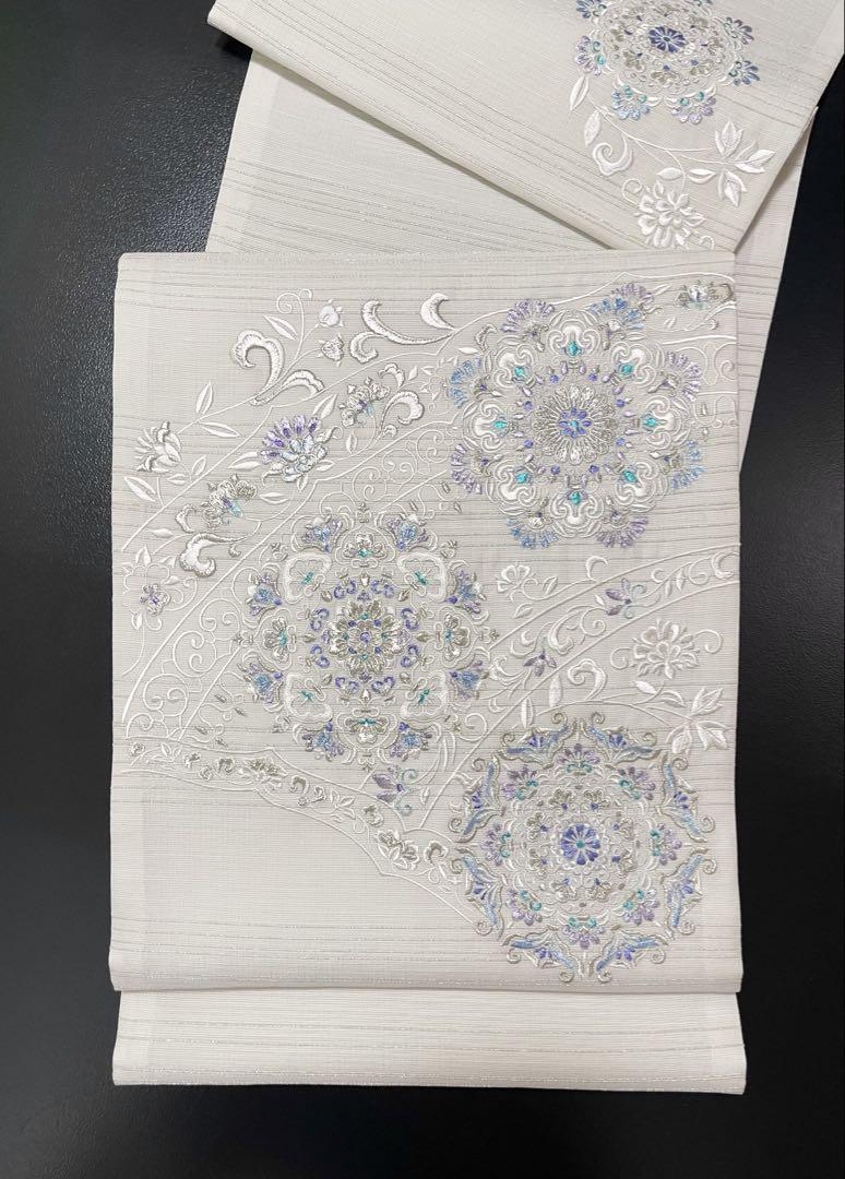 お仕立て付き【刺繍袋帯◆華文】単衣・夏着物に ホワイト 白 銀 シルバー