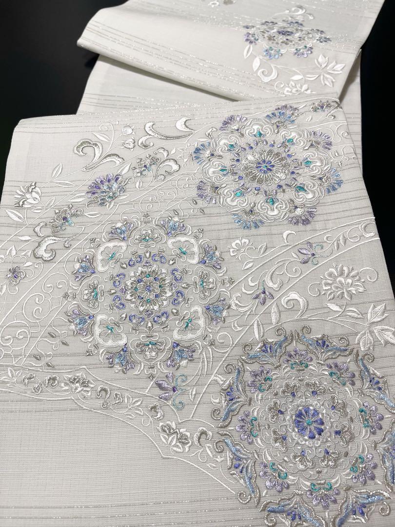 お仕立て付き【刺繍袋帯◆華文】単衣・夏着物に ホワイト 白 銀 シルバー
