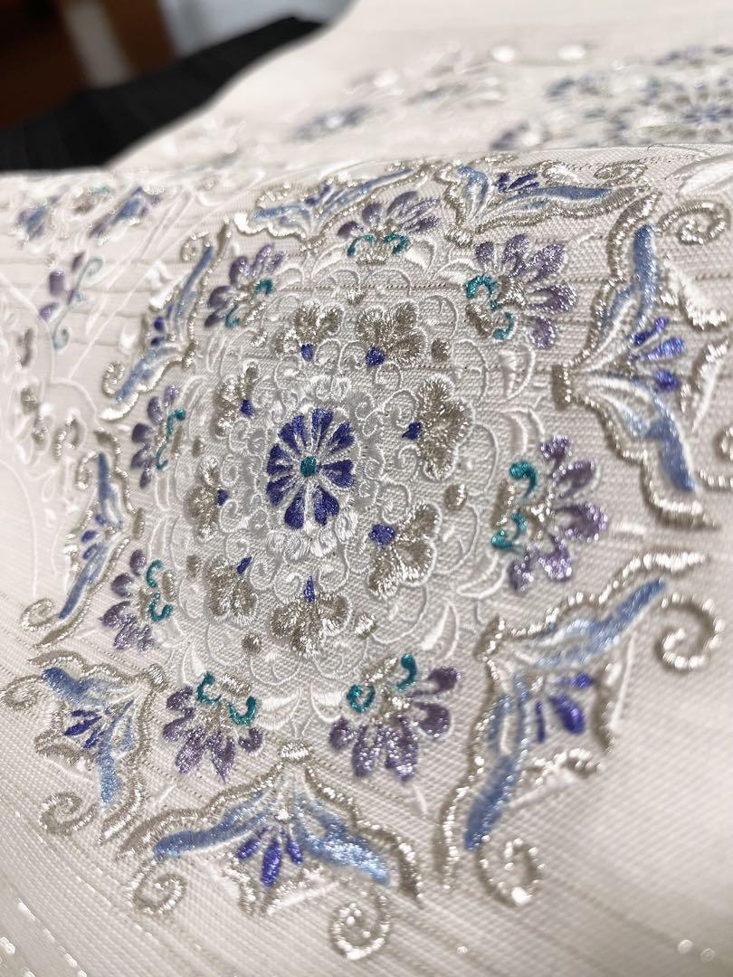 お仕立て付き【刺繍袋帯◆華文】単衣・夏着物に ホワイト 白 銀 シルバー