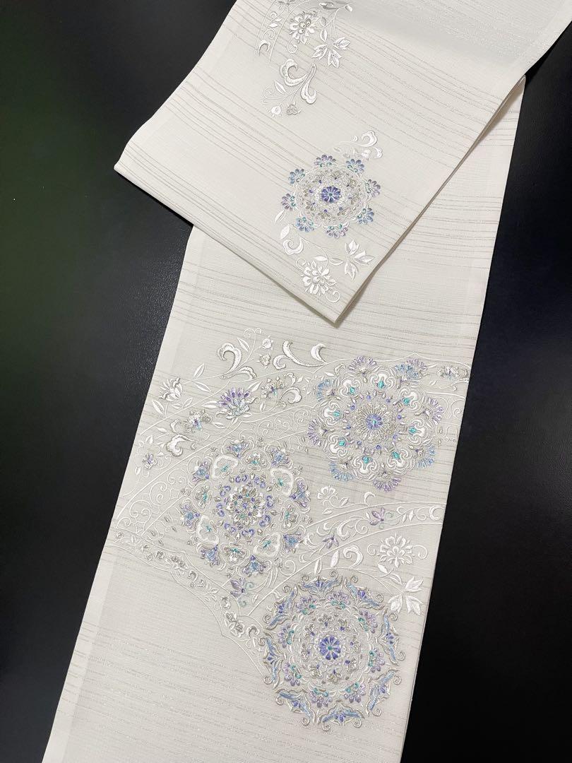 お仕立て付き【刺繍袋帯◆華文】単衣・夏着物に ホワイト 白 銀 シルバー