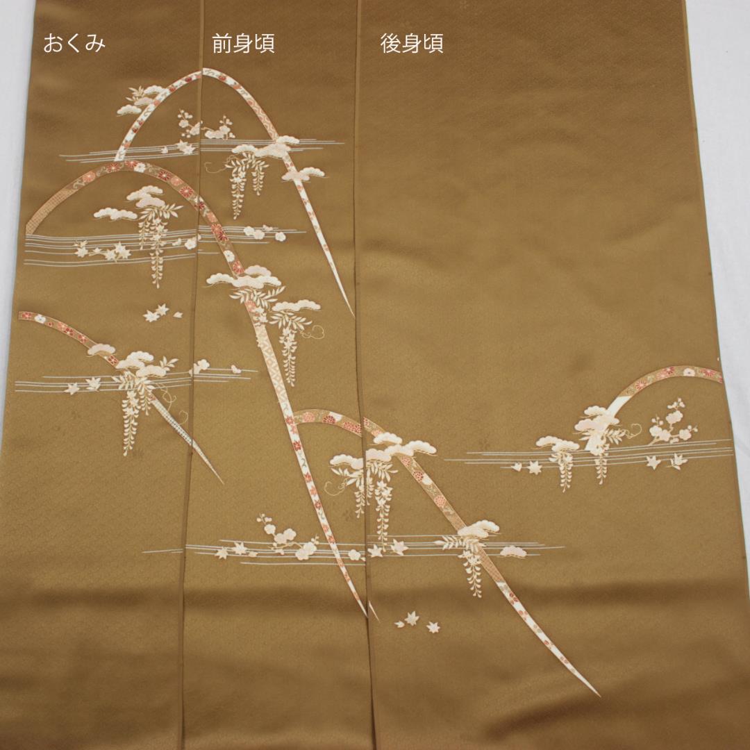 AC5332 誂仕立付附下 金茶系古典柄 2coC7-m38850074408 単衣 袷 格安超激安