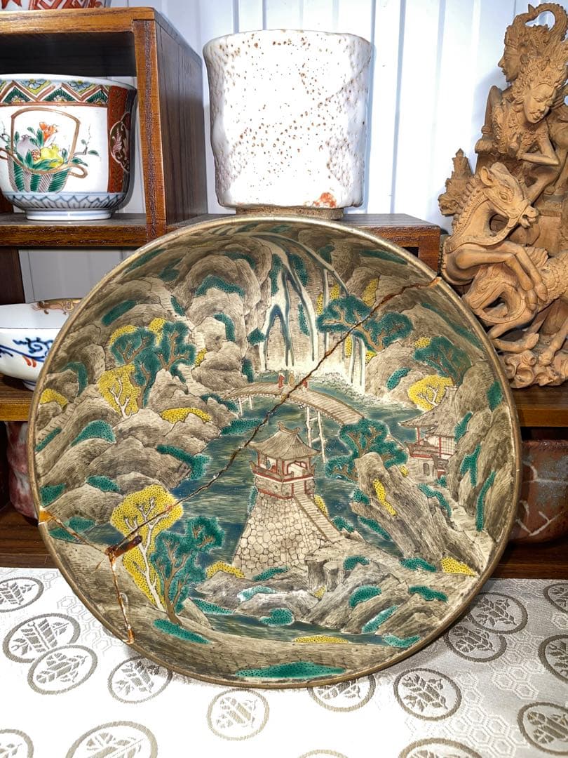 古美術 時代青手古九谷 山水楼閣人物文 鉢角福銘 骨董 博物館級全体的に状態が悪い