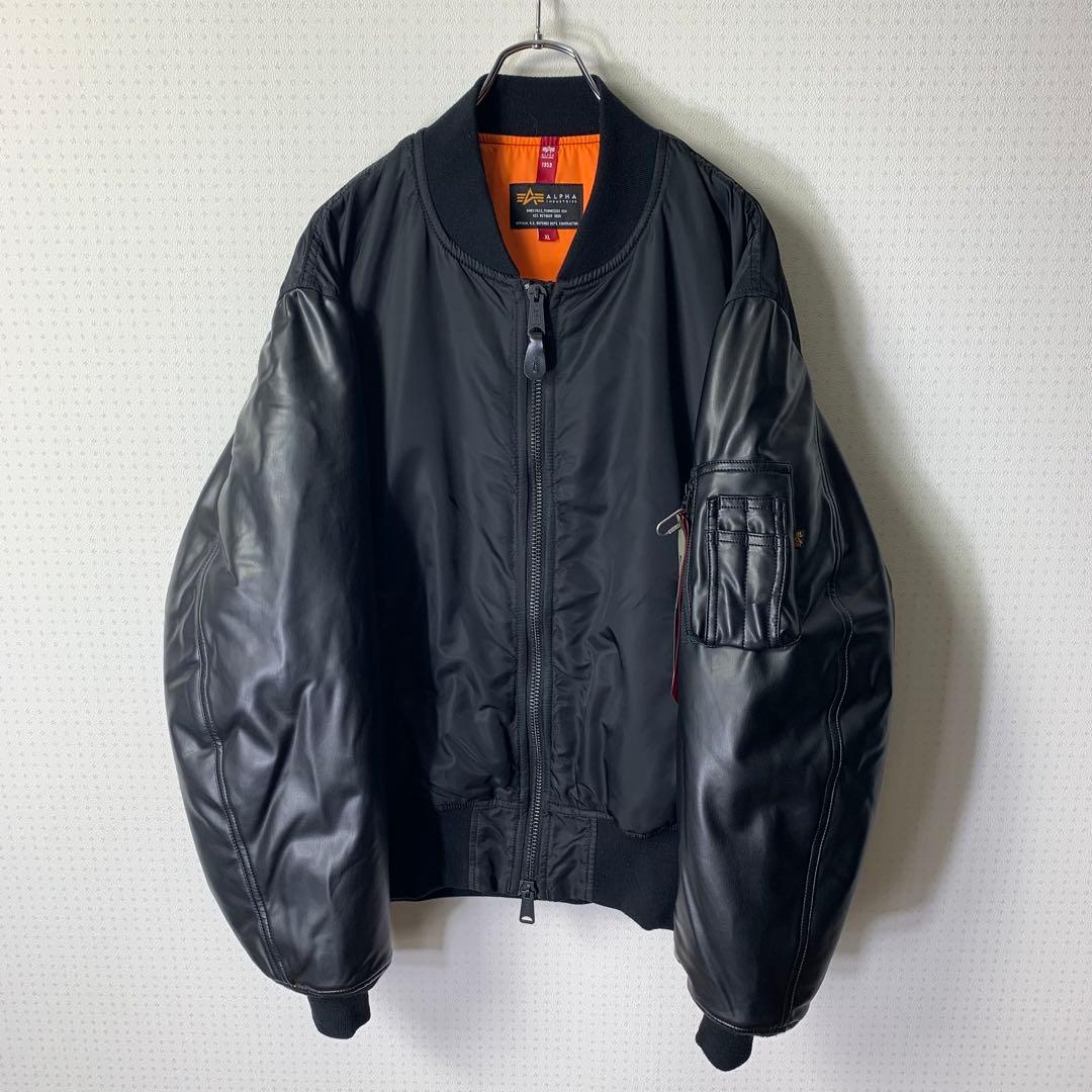 アルファ × モンキータイム レザースリーブMA-1ジャケット XL ブラック アルファ × モンキータイム レザースリーブMA-1ジャケット XL ブラック