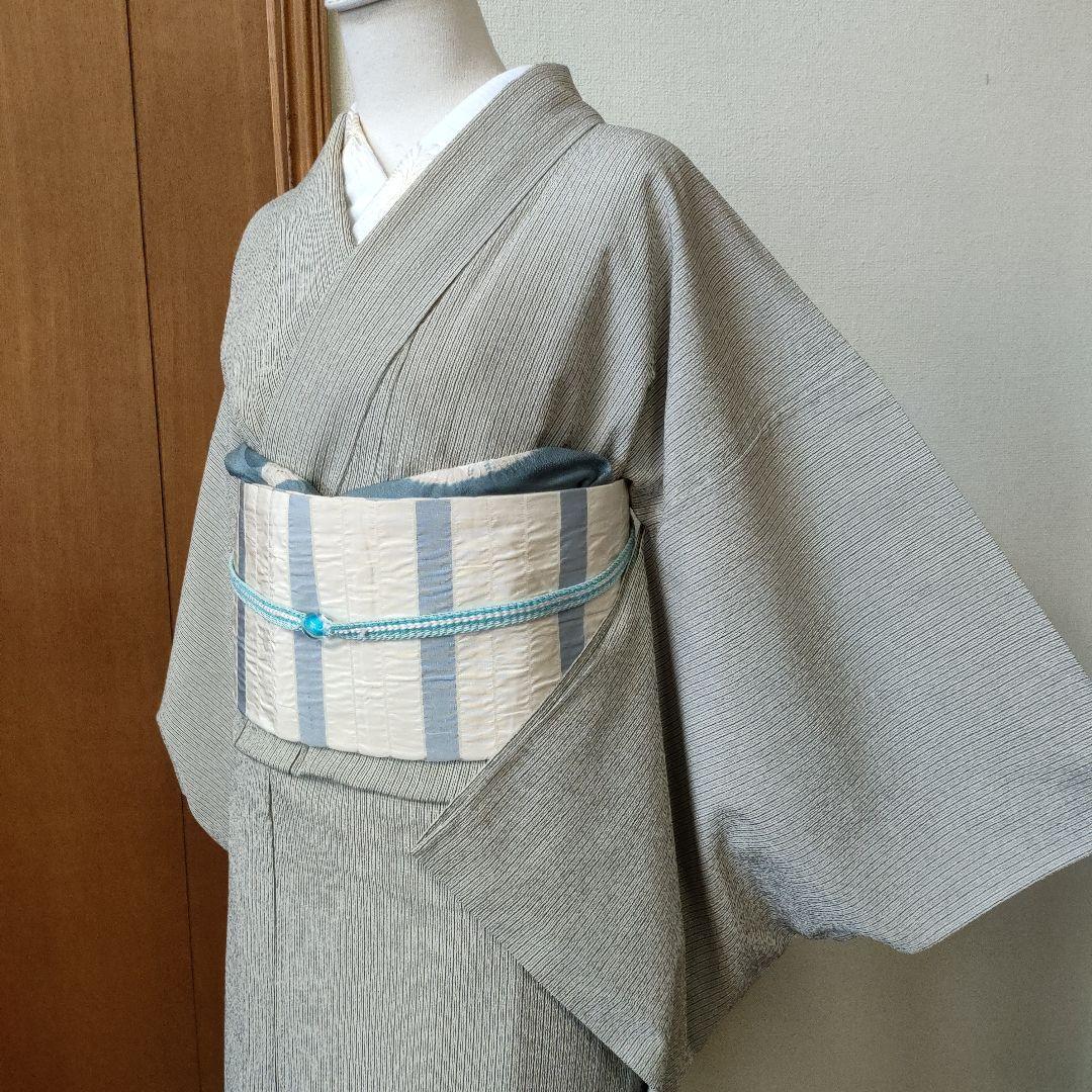 塩沢紬　単衣 正絹塩沢紬単衣お召巾広単衣ストライプ