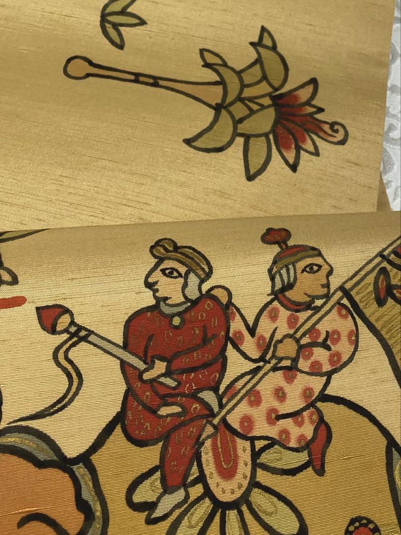 おぢや紬 小千谷 インド象 手描き 九寸名古屋帯 開き名古屋