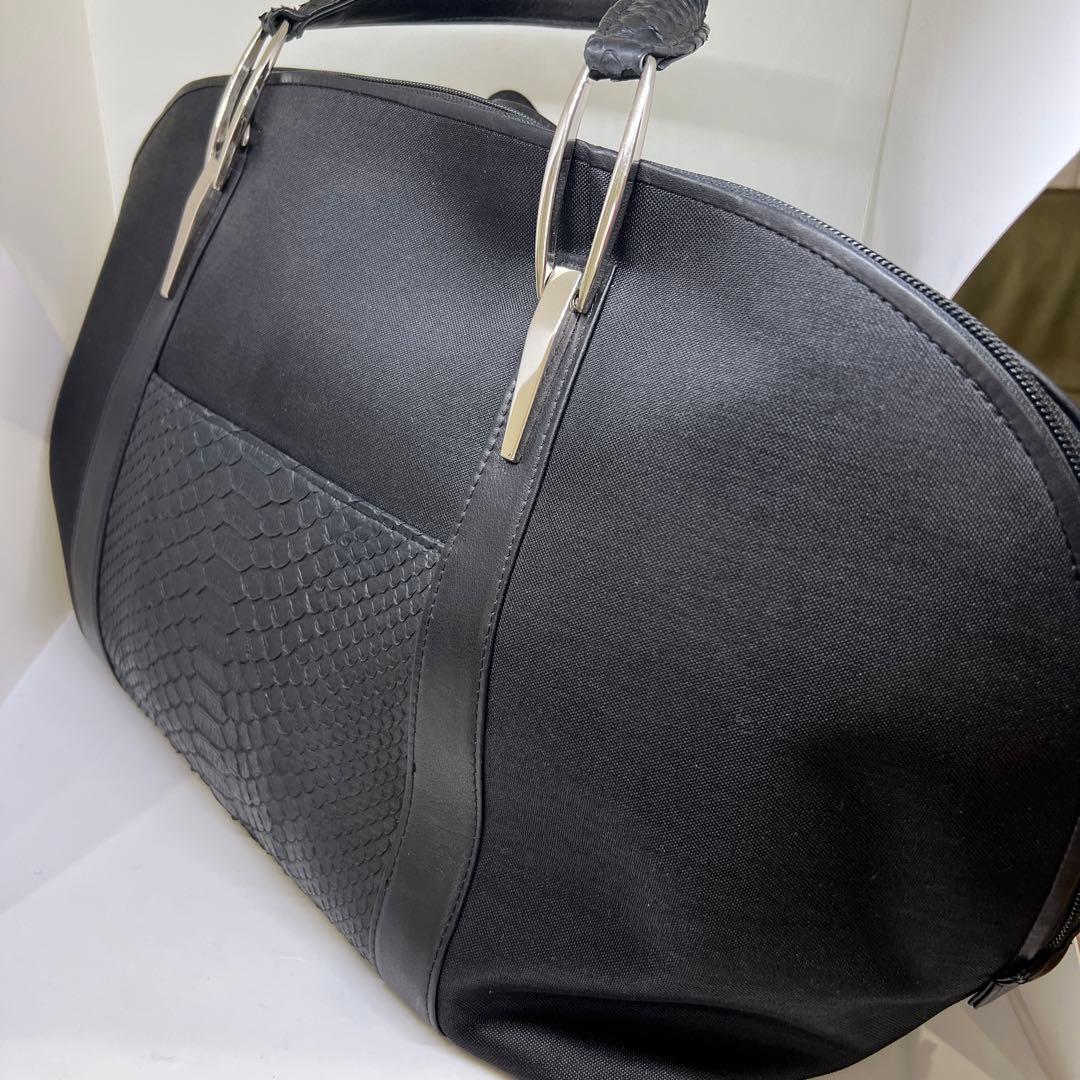 新品 パイソン蛇革 ファイバー織布 黒 ボストンバッグ