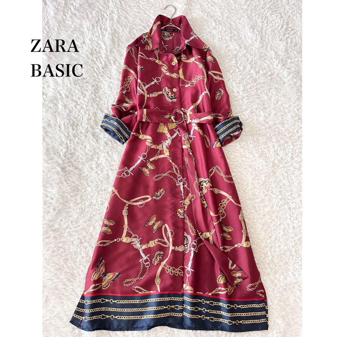 ZARA ザラ ロングシャツワンピース 総柄 ベルト柄 蝶 金ボタン ZARA ザラ ロングシャツワンピース 総柄 ベルト柄 蝶 金ボタン