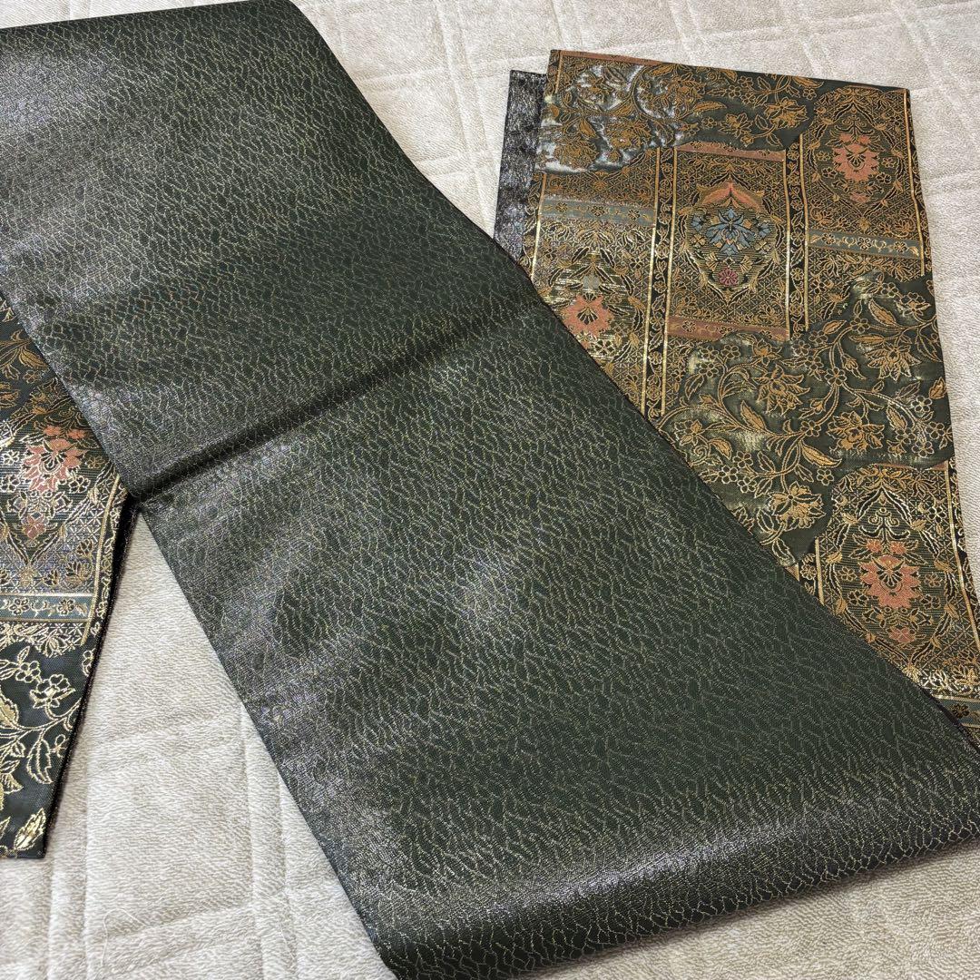 Ay146　袋帯　豪華刺繍　着物　帯　深緑　花唐草　金　たちばな Ay146 袋帯 豪華刺繍 着物 帯 深緑 花唐草 金 たちばな - メルカリ