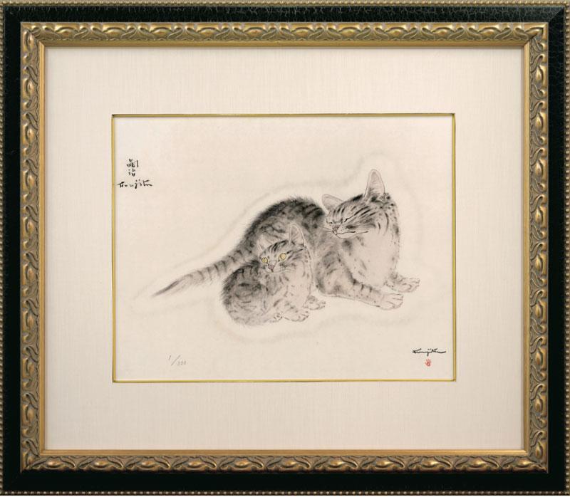 ■真作■藤田嗣治　「親子猫」孔版画（カラーコロタイプ） サインと印譜入　証明書付