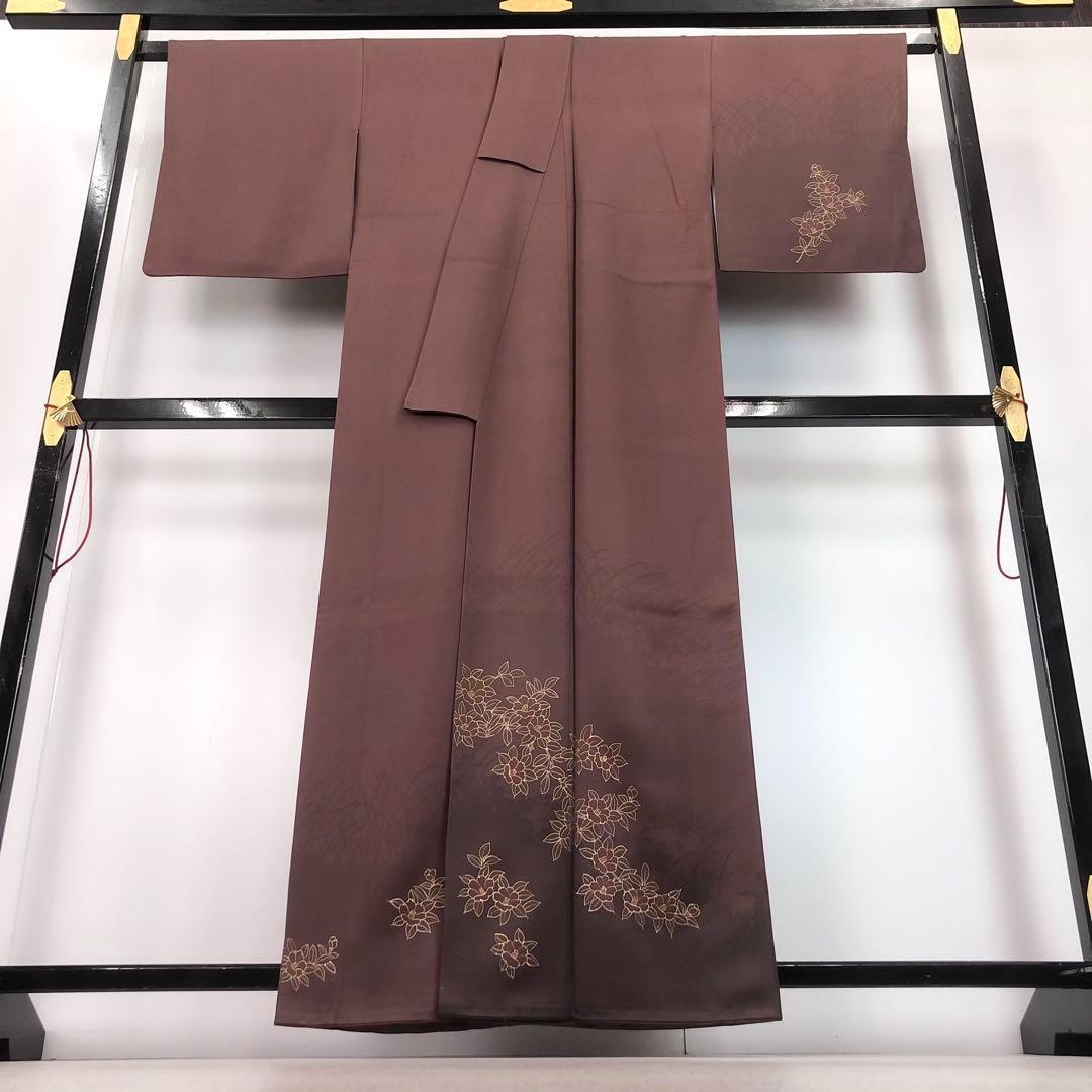 MK-1406 付下げ 椿の花模様 金彩 赤茶色