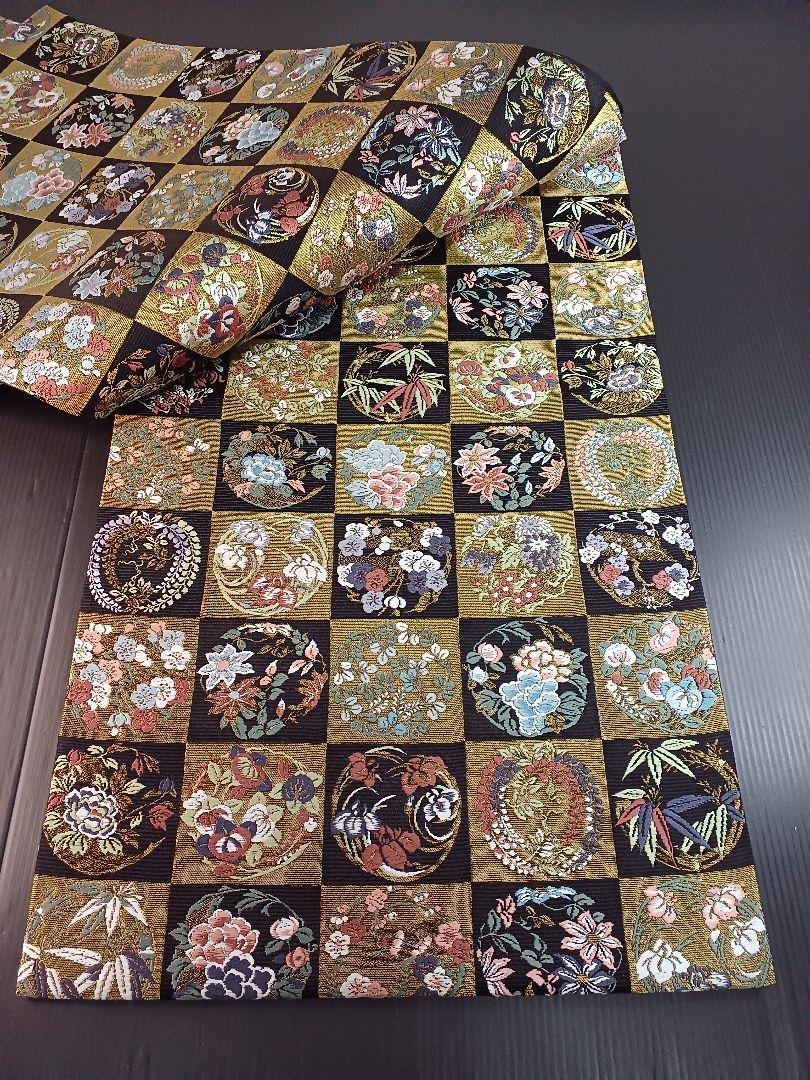 ［六通］　袋帯　新品未使用品　市松取四季花の丸　446cm O-540