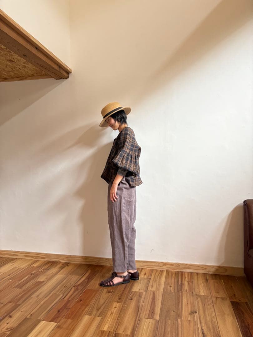 リネンチェック柄 バルーンスリーブシャツFREE SIZE WWW_MORNINGWALKER_COM