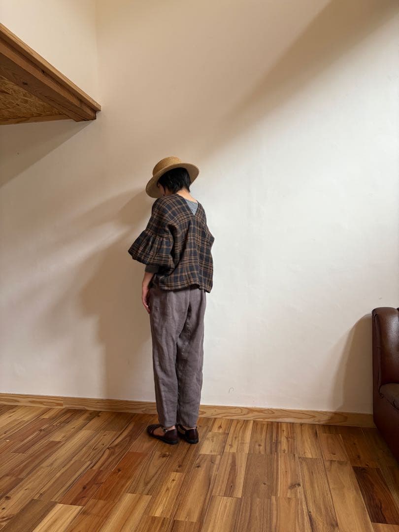 リネンチェック柄 バルーンスリーブシャツFREE