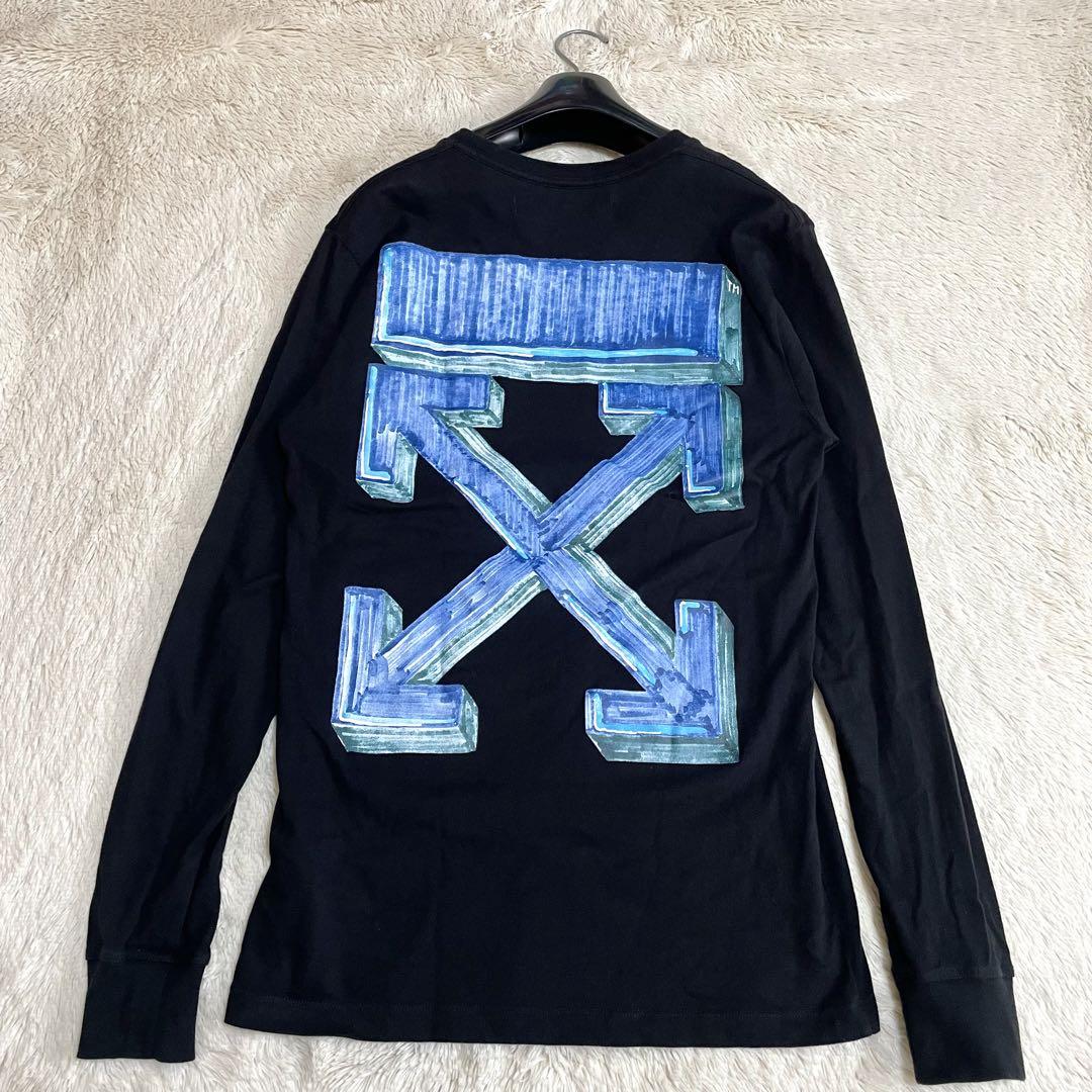 美品 オフホワイト バックプリント 黒 マーカーアロープリント 長袖 Tシャツ